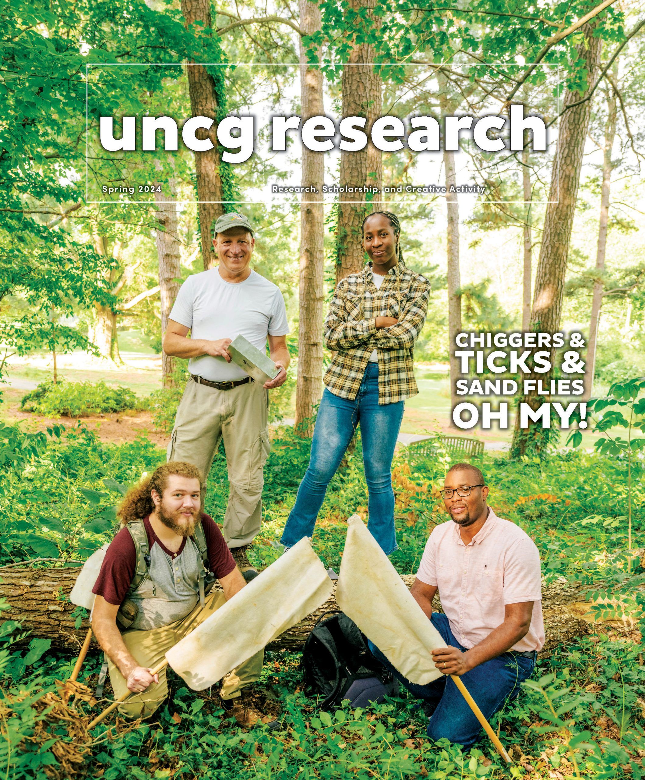 Gideon Wasserberg, Reuben Garshong, Noah Holland, and Chelsea Akabueze in the field with the UNCG Research Magazine logo and the article of "Chiggers & Ticks & Sand Flies Oh My!"